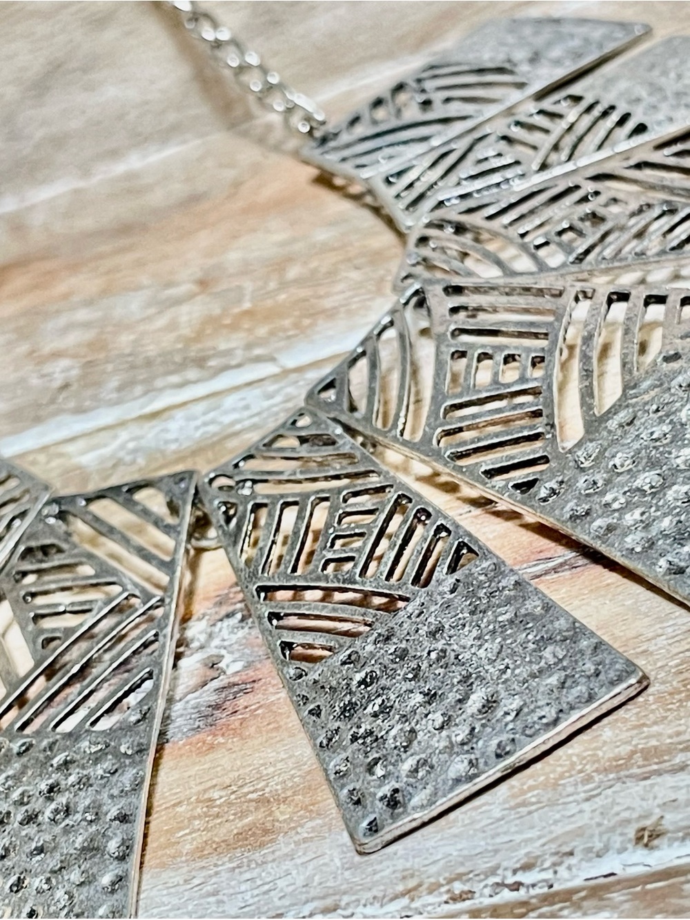 Silver-Tone Textured Geometric Statement Necklace - Picture 4 of 5